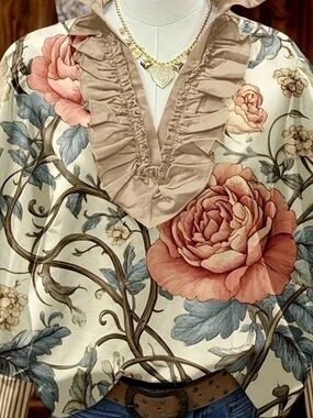 Multicolor Boho Women's Floral Print Ruffle V-Neck Striped Sleeve Top